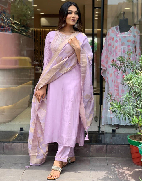 Trendy Designer Party Wear Readymade Salwar Suit Purple Viscose Chanderi Pant Straight Close-up View